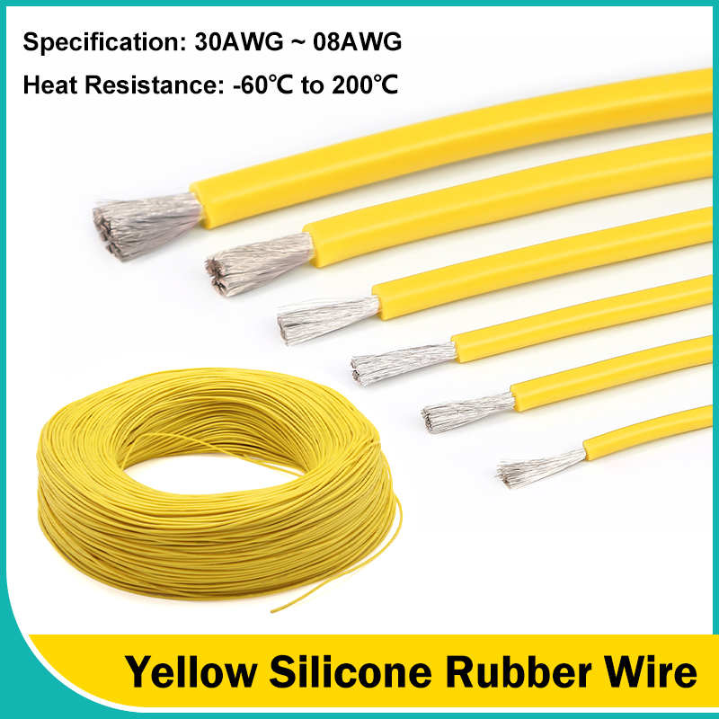 Wire 22 Gauge Copper - أسلاك مطاط السيليكون الناعمة الصفراء 30/28/26/24/22/20/18/16/15/14/13/12/10/08